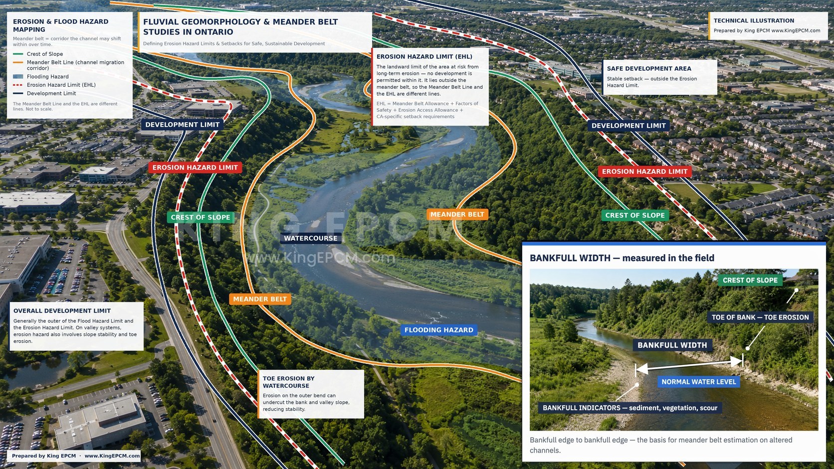 Annotated aerial view of a valley watercourse showing, from the channel outwards: the flooding hazard, the meander belt line marking the channel migration corridor, the crest of slope on each valley wall, the erosion hazard limit set back beyond it, and the overall development limit. An inset photograph shows how bankfull width is measured in the field.