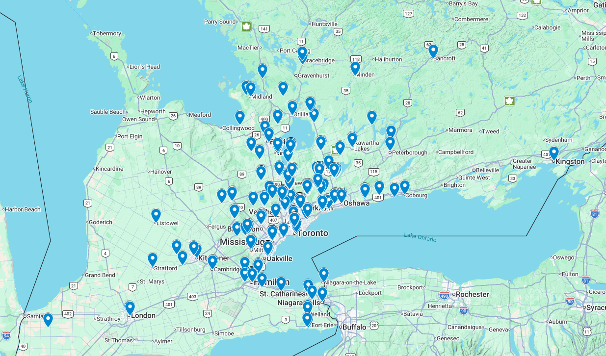 Map showing King EPCM project locations across Ontario and nearby regions