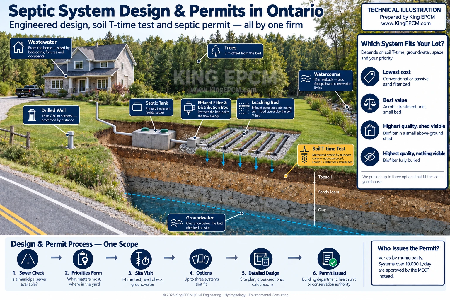 Technical illustration of a residential septic system in Ontario, shown in cutaway on a rural lot: wastewater from the house flows to a two-compartment septic tank for primary treatment, through an effluent filter and distribution box, into a leaching bed (shown here as a generic shallow buried trench; the bed type is chosen for each property) where effluent percolates into native soil (topsoil, sandy loam, clay) above the groundwater table. Callouts show the setbacks a design must respect: 15 m or 30 m from a drilled well, 15 m from a watercourse plus floodplain and conservation limits, and 3 m from trees; and the soil T-time test, measured on site by King EPCM's own crew, which sets the size of the bed. A side panel lists the four system options by priority: lowest cost (conventional or passive sand filter bed), best value (aerobic treatment unit with a small bed), highest quality with a small shed visible (biofilter in an above-ground shed) and highest quality with nothing visible (buried biofilter). A bottom strip shows the six-step design and permit process: sewer check, priorities form, site visit for T-time, well check and groundwater, options, detailed design, and permit issued by the building department, health unit or conservation authority; systems over 10,000 L/day are approved by the MECP.