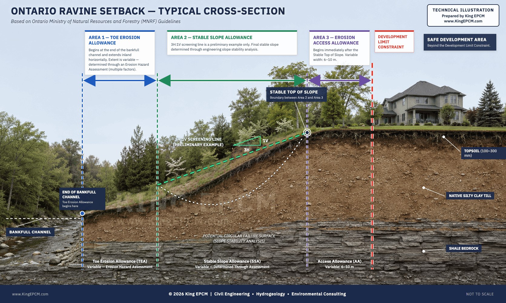Cross-section through an Ontario ravine showing how the setback from a slope is built up, based on the MNRF guidelines. From the bankfull channel inland: Area 1, the toe erosion allowance, which begins at the end of the bankfull channel and whose extent is determined by an erosion hazard assessment; Area 2, the stable slope allowance, running up to the stable top of slope, with a 3H:1V screening line shown as a preliminary example and a potential circular failure surface indicated below the slope; and Area 3, the erosion access allowance of 6 to 10 metres beyond the stable top of slope. Together these set the development limit constraint, beyond which is the safe development area. The soil profile shows topsoil, native silty clay till, and shale bedrock.