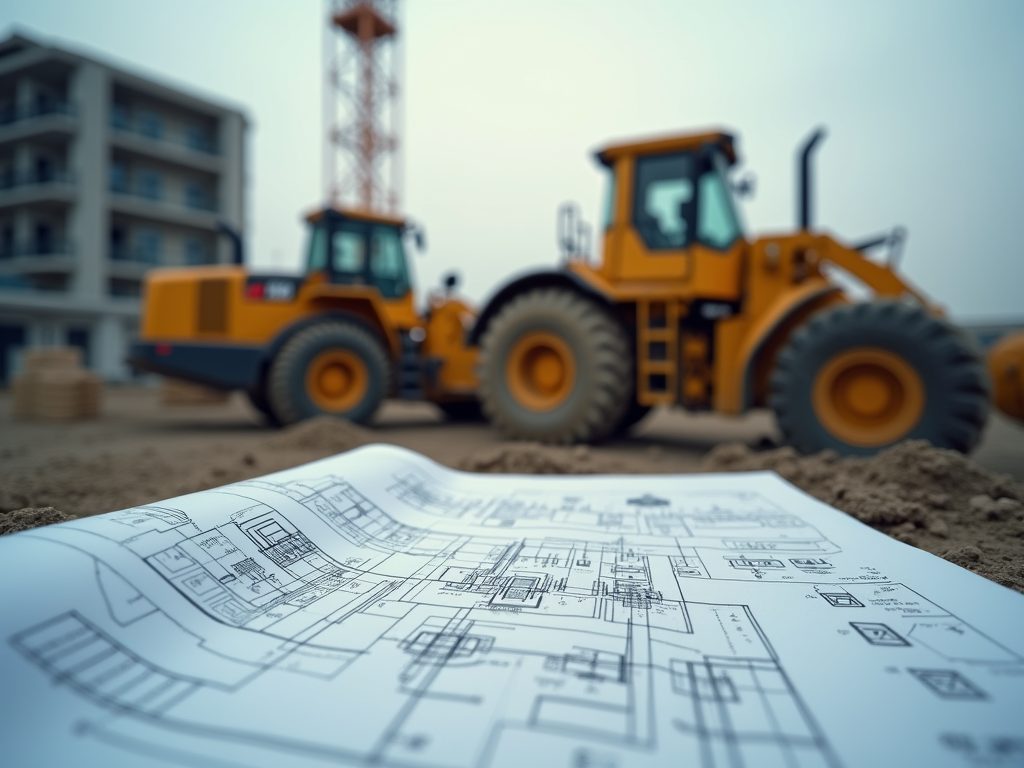 Construction site with machinery and project plans
